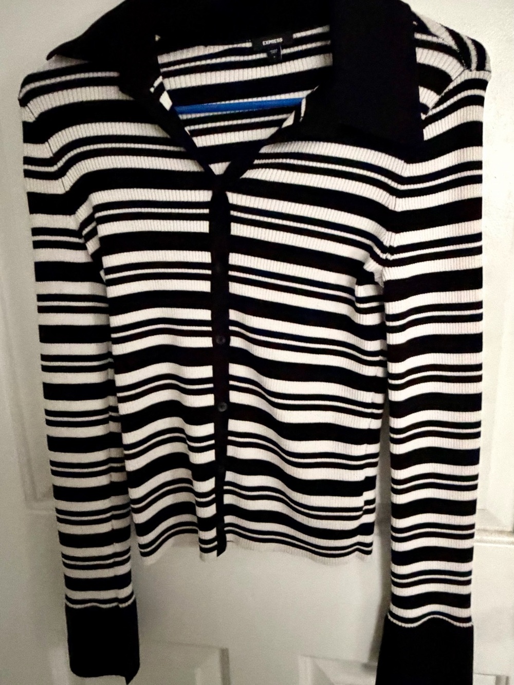 Express Black White Striped Ribbed Cardigan Collared Button Front Size S
